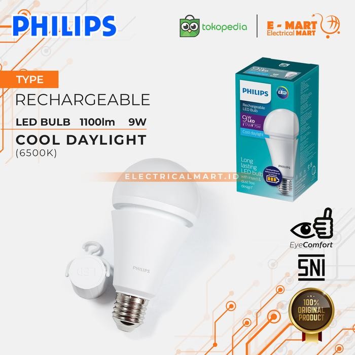 Philips Led Bulb Emergency Lamp 9Watt 9W Putih Rechargeable Terlaris