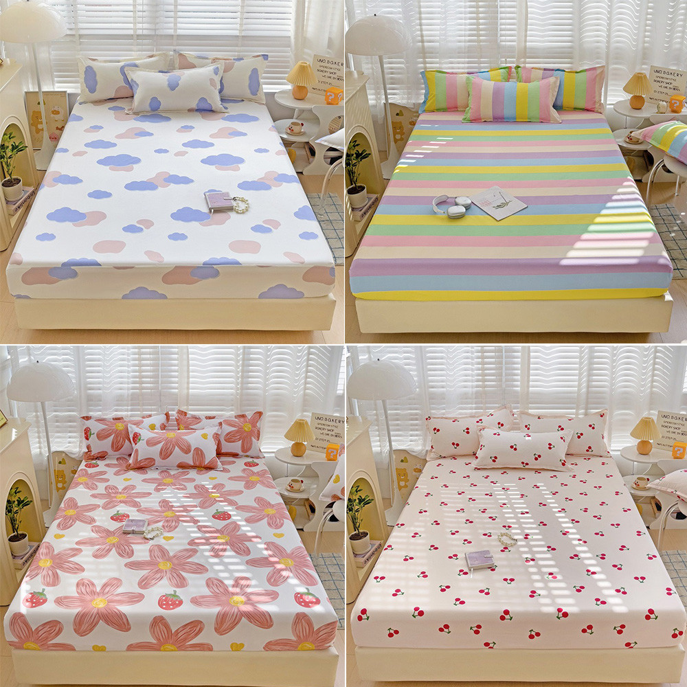 1Pc Washed Cotton Fitted Sheet Non Slip Fitted Sheet Elastic Band Around Mattress Cover Bed Cover