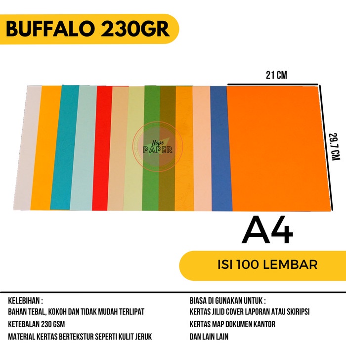 

Kertas Buffalo 230 Gsm ukuran A4 21 cm x 29.7 (isi 100 lembar)