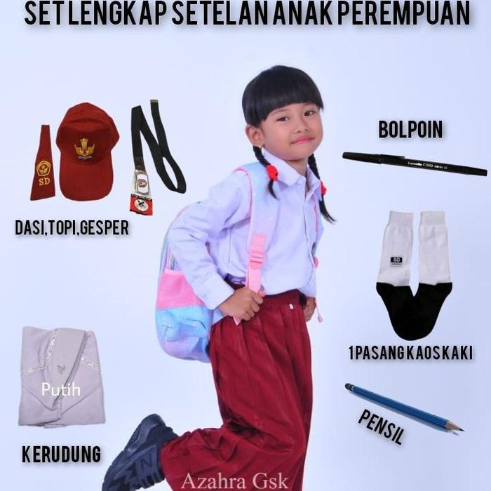 

NEW Seragam Sekolah SD Anak Perempuan Satu Set Lengkap Isi Topi Dasi Gesper Kaos Kaki Pensil Bolpoin