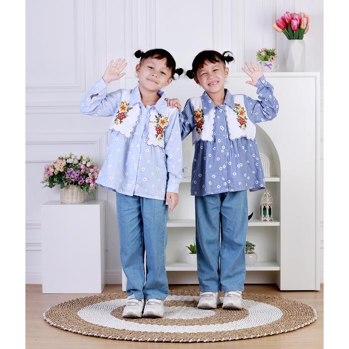 KODE B Dungdungkids Setelan Anak Azeela Katun Salur Vest Jeans 3 - 11 Tahun