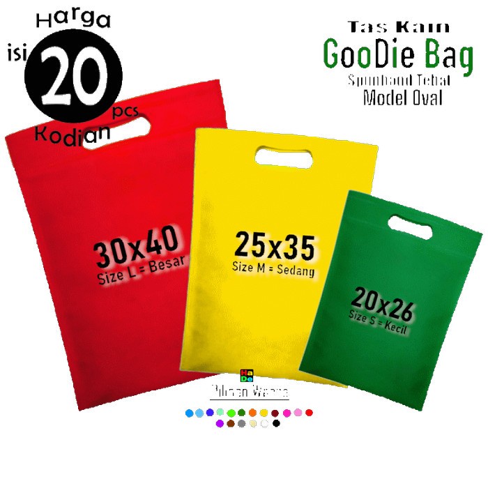 

Flashshow 1 Kodian isi 20 Tas Kain Spunbond Goodie Bag Oval Besar sedang Kecil