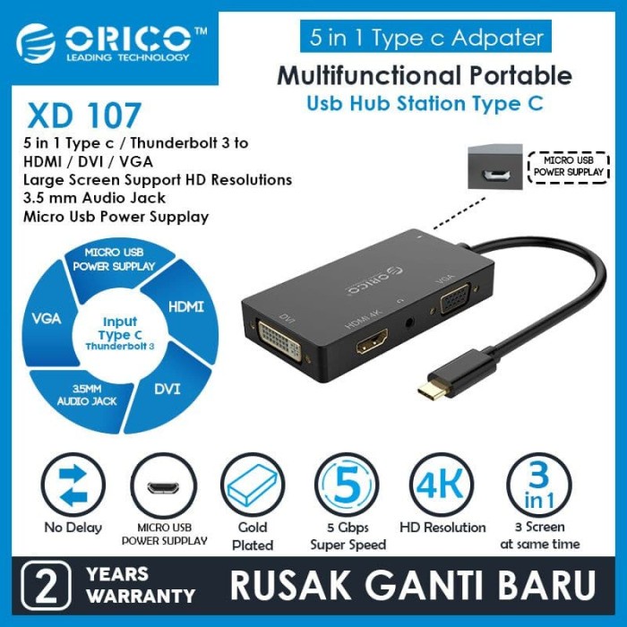 KODE B ORICO 4in1 Type-C Hub DVI+HDMI+VGA + 3.5mm Audio Jack - XD-107