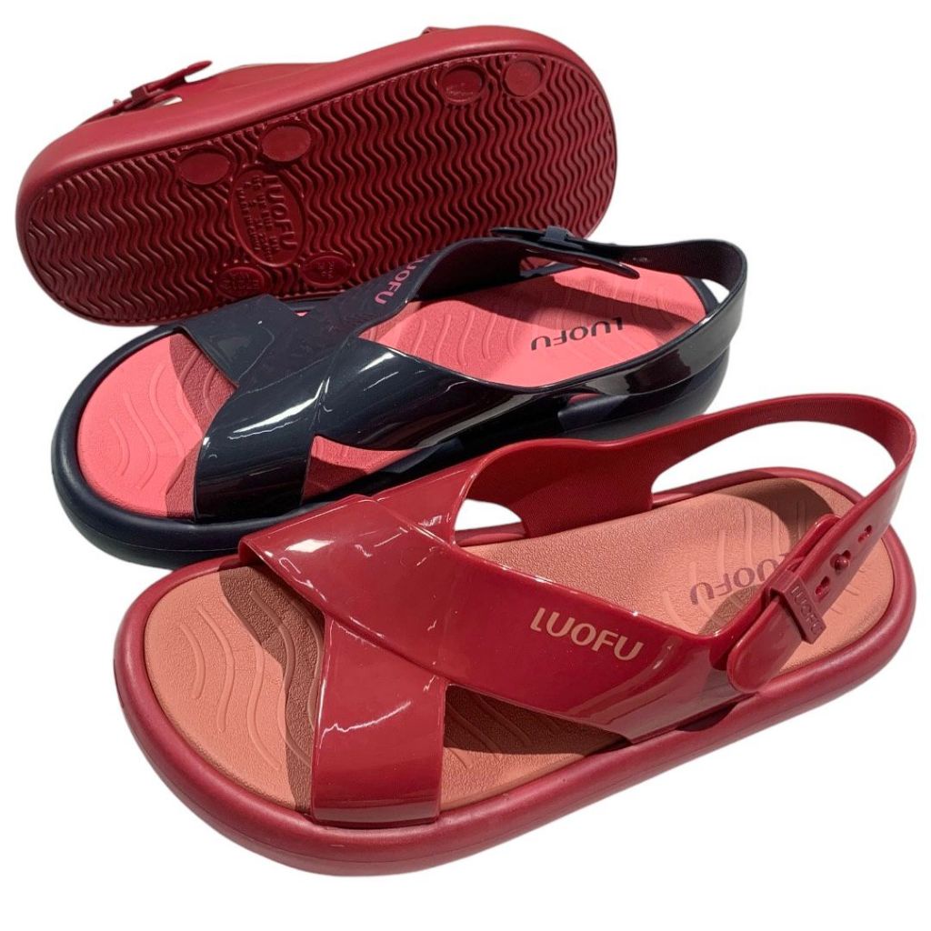 Ready Stock Luofu Sandal Selop Karet Wanita Silang Tali Belakang Glossy Import Empuk E7212-Sktl6W