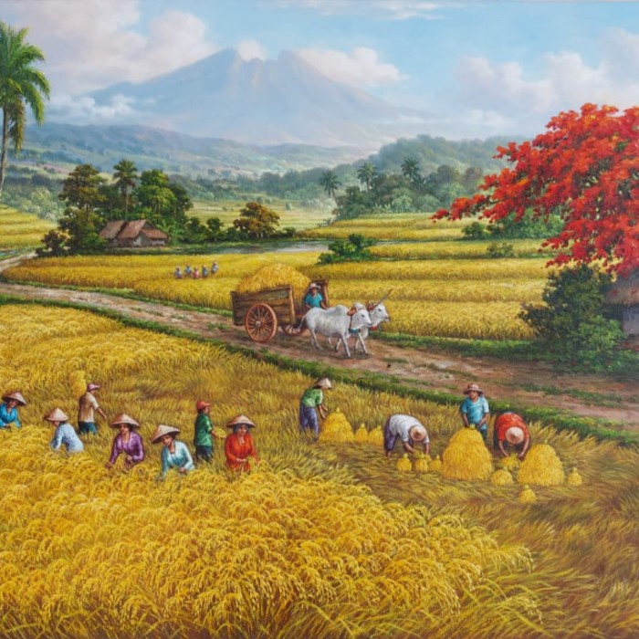 Lukisan Kanvas Panen Raya Padi Bersertifikat 100X200Cm - Lukisan Panen