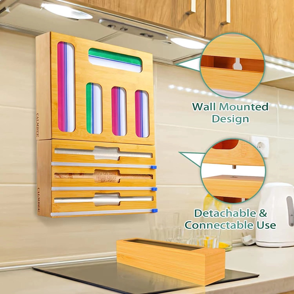 Bamboo and Wood Storage Box, Plastic Wrap, Finishing Box, Self-Sealing Bag, Plastic Bag Storage Box,