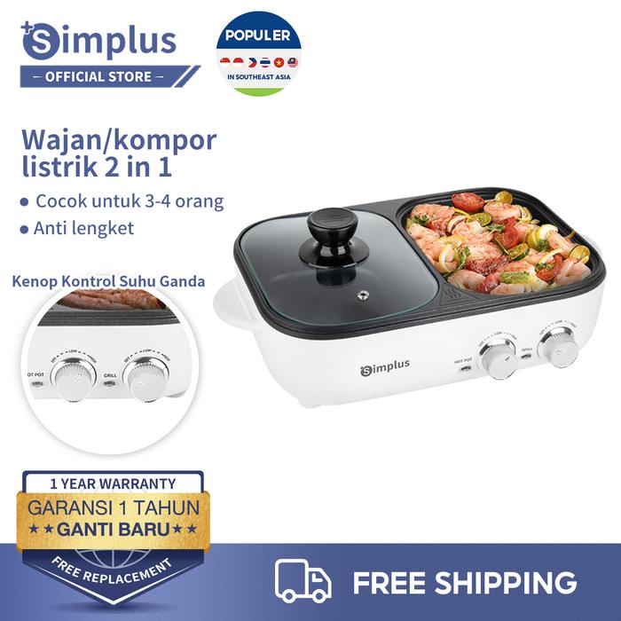 Ready Simplus Panci & Pemanggang Elektrik Multifungsi Wajan 2 Dalam 1 Bbq Grill & Hotpot Low Watt