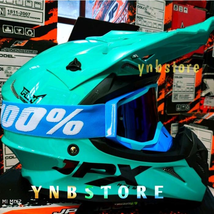 Helm JPX Cross Fox1 Solid Polos Tosca Blue Biru + Kacamata Goggle Google 100% Persen