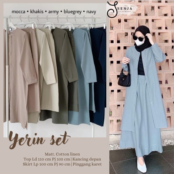 BOOM SALE Baju setelan tunik panjang + rok bahan katun linen terbaru - Yerin