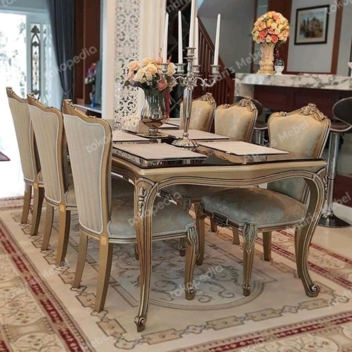 PREMIUM Meja Makan Mewah 6 Kursi, Meja Makan Set Kayu Jepara