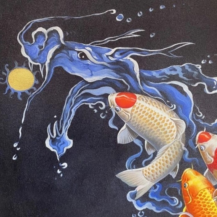 Lukisan ikan koi Fengshui shio naga air ukuran 200cmx100cm Frame.