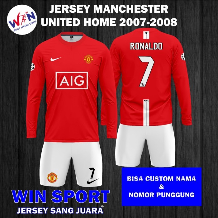 JERSEY MANCHESTER UNITED HOME 2007 2008 LENGAN PANJANG : SETELAN JERSEY SEPAK BOLA RONALDO LIGA