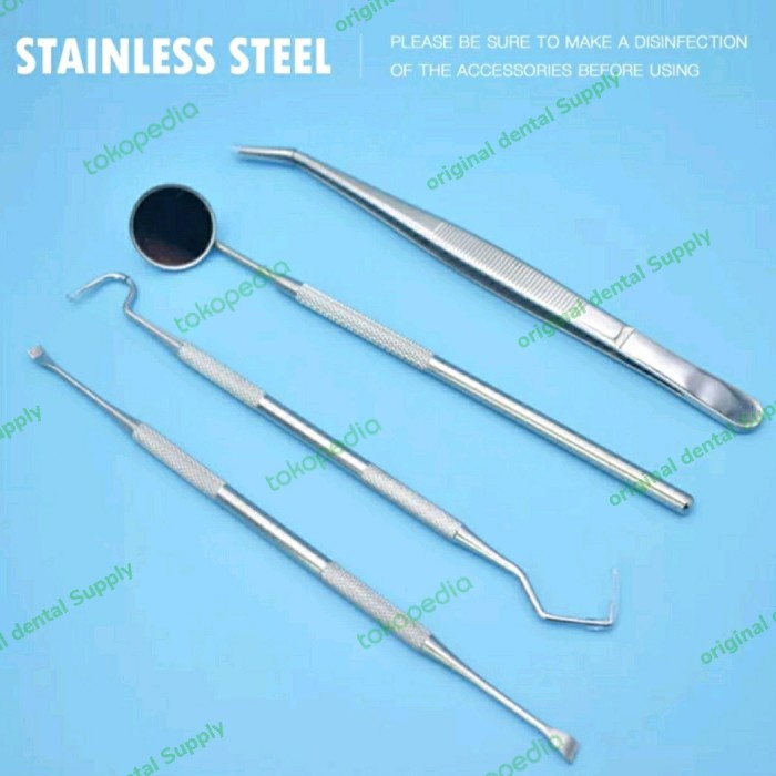 Ready Pinset Dental Kaca Mulut Chisel Hoe Sonde Halfmoon Dental Kit isi 4