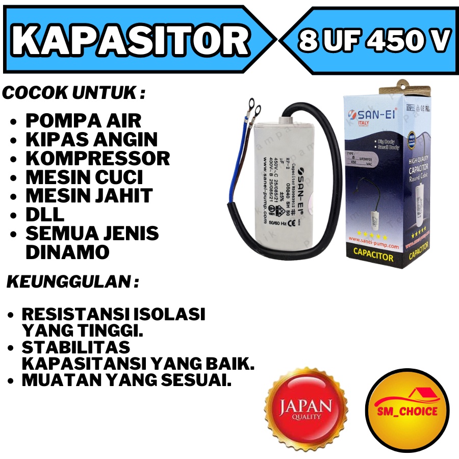 Hjk SAN EI KAPASITOR 8UF 450V SANEI BULAT CAPACITOR SAN-EI 8 UF MIKRO 450 VOLT SAN EI