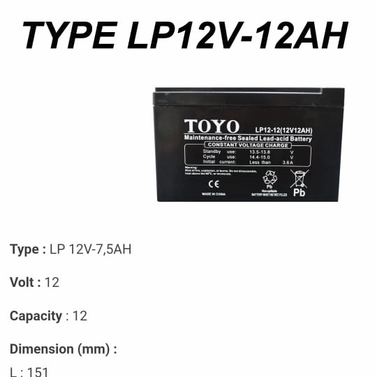aki kering TOYO VRLA 12V - 12AH UPS sepeda listrik