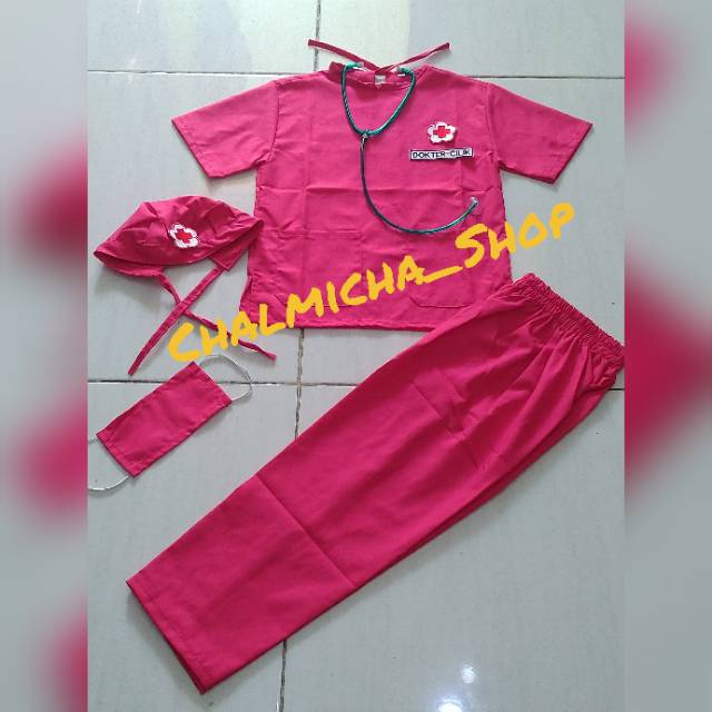 Baju Setelan Karnaval Kostum Profesi Dokter Bedah Pink Anak Operasi Bidan Jaga Malam