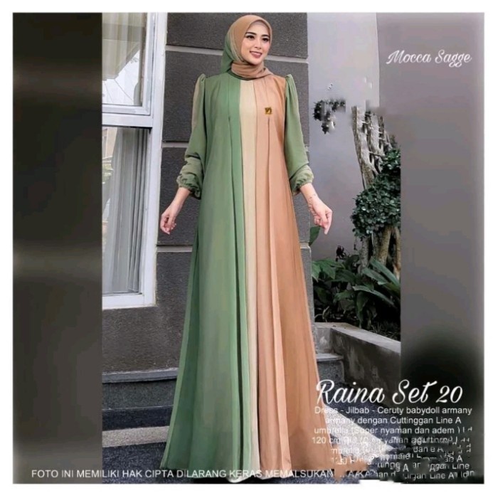 TERMURAH Baju Gamis Wanita Muslim Ada Jumbo Raina Set Dress Jilbab Ceruti Polos Cantik Fashion