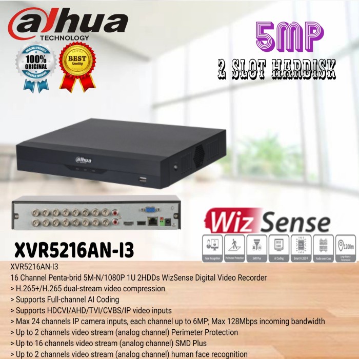 DVR 16 Dahua 5MP XVR-5216AN-I3 Wizsense/ XVR Dahua 2 Slot HDD H.265