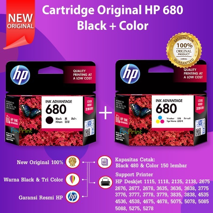 Tinta HP 680 Black Dan Color Printer HP Deskjet 2135 3635 Cartridge
