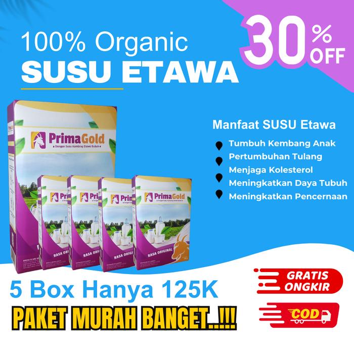 

terbaru !!! 5 box susu kambing etawa prima gold asli manfaat untuk tulang, pencernaan, kolesterol