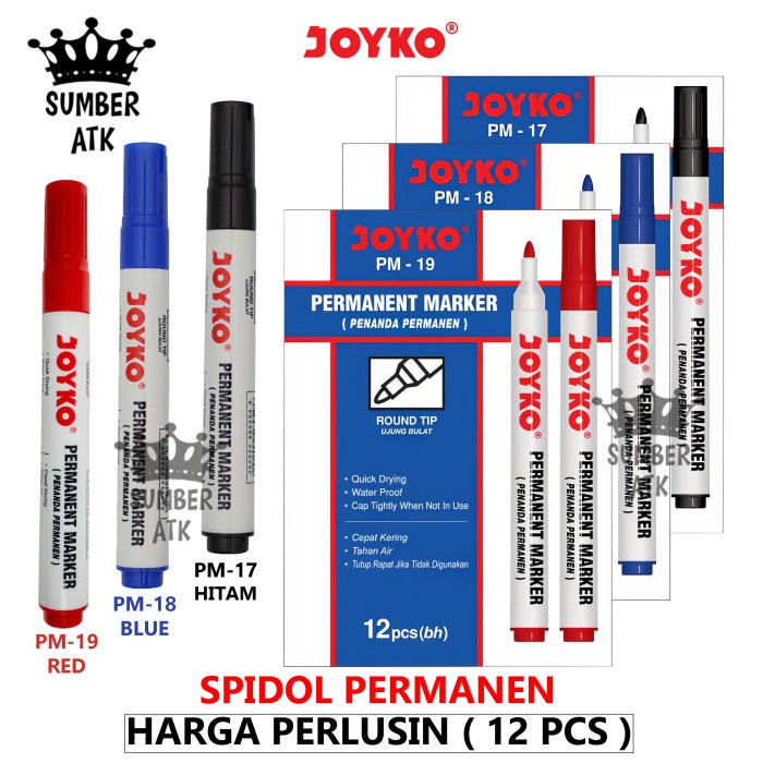 

JTTOP" JOYKO PERMANENT MARKER PM-17 PM-18 PM-19 1 LUSIN SPIDOL PERMANEN ROUND TIP BLACK BLUE RED