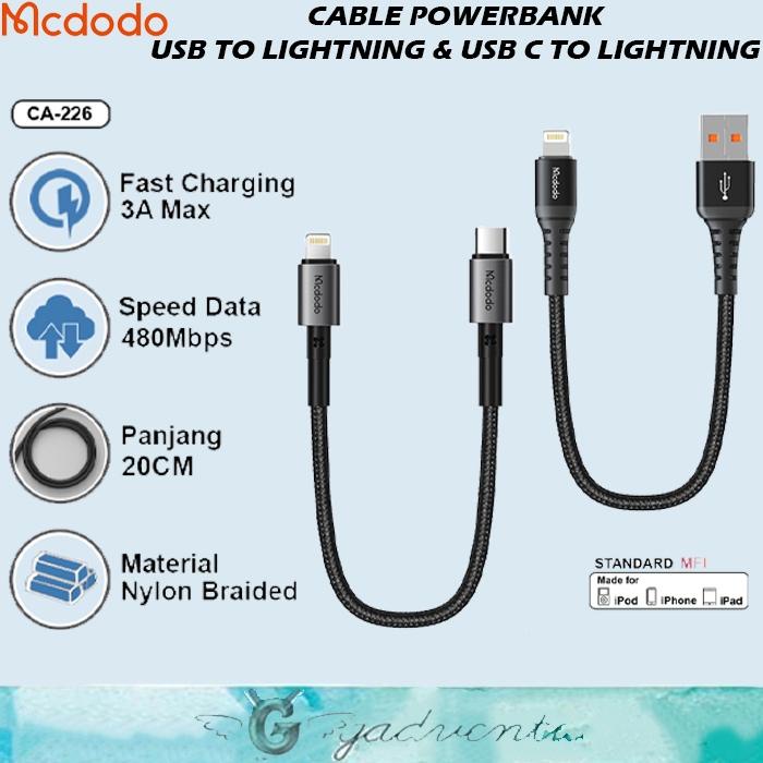 MCDODO Kabel Pendek Casan Powerbank USB To Lightning Untuk iPhone 7 8 X XR XS & Type C to Lightning