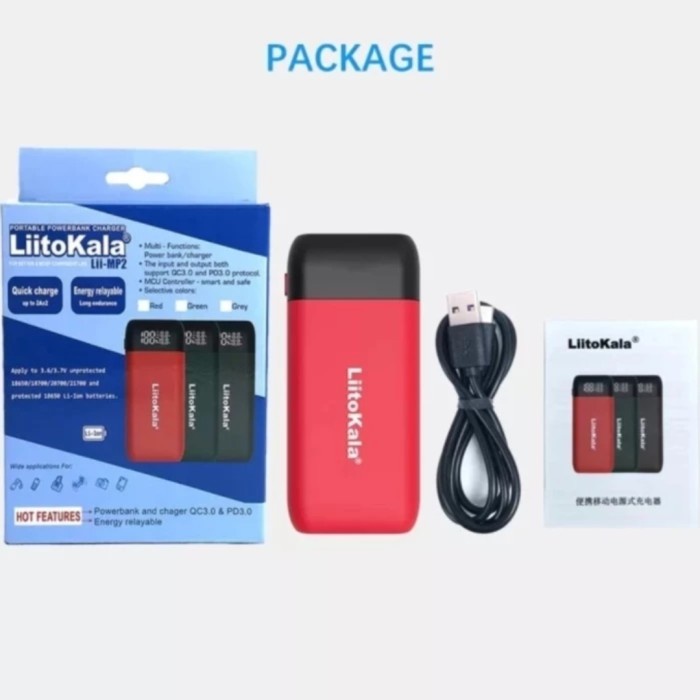 LiitoKala Lii-Mp2 Portable Charger Powerbank USB C 18650 21700 QC 3.0 Merah Hijau dengan Baterai