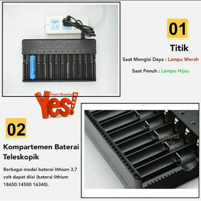 TOP SMART CHARGER 12 SLOT UNTUK BATRE AA AAA 16340 14500 18650 RECAS -