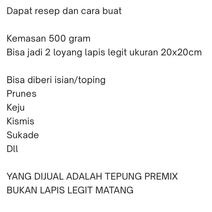 

SALE !!! PREMIX LAPIS LEGIT 500 GRAM TEPUNG INSTANT THOUSAND LAYERS CAKE BISA JADI 2 LOYANG READYY