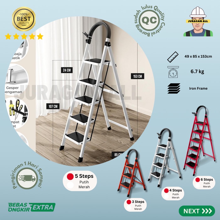 TANGGA LIPAT/TANGGA PORTABLE/TANGGA LIPAT BESI ALUMUNIUM-5 STEP PUTIH