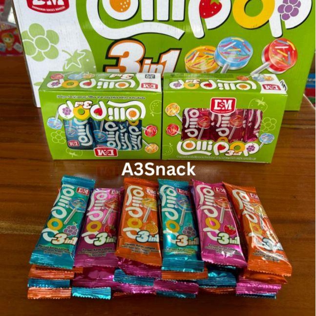 

Lollipop 3 in 1 Permen Keras 1 pack isi 30 bungkus rasa buah buahan