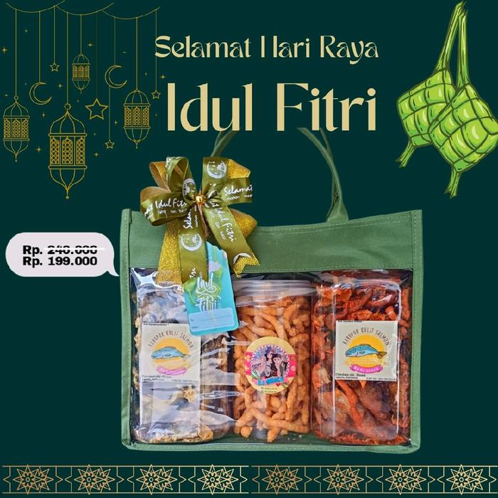 

SALE !!! HAMPERS LEBARAN BUY 2 GET 3 KERUPUK KULIT IKAN SALMON VARIAN RASA ORIGINAL DAN SPICY TOPLES