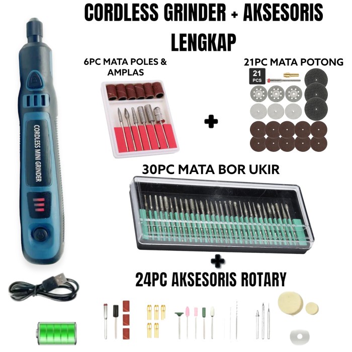 CORDLESS MINI GRINDER TUNER MESIN GERINDA POTONG POLES BATERAI CAS SET