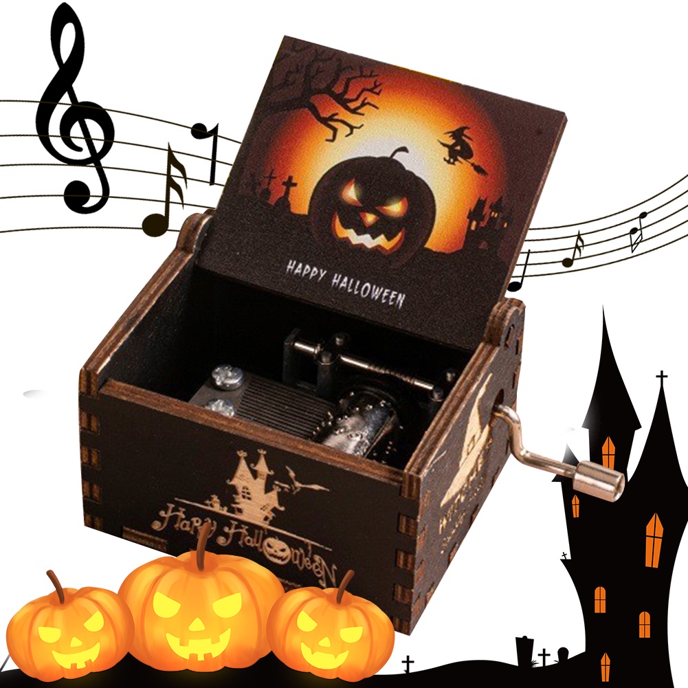 Halloween Music Box Wooden Antique Engraved Musical Box Hand-Cranked Musical Box Engraving Nightmare