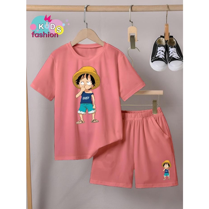 SETELAN ANAK LAKI-LAKI / PEREMPUAN DAN CELANA PENDEK UKURAN 3-10THN MOTIF LUFFY NGUPIL BAJU FASHION