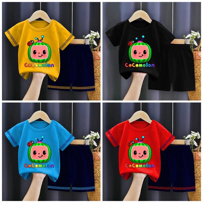 KAOS SETELAN WARNA ANAK COWO DAN CEWE MOTIF COCOMELON FRUIT BAJU