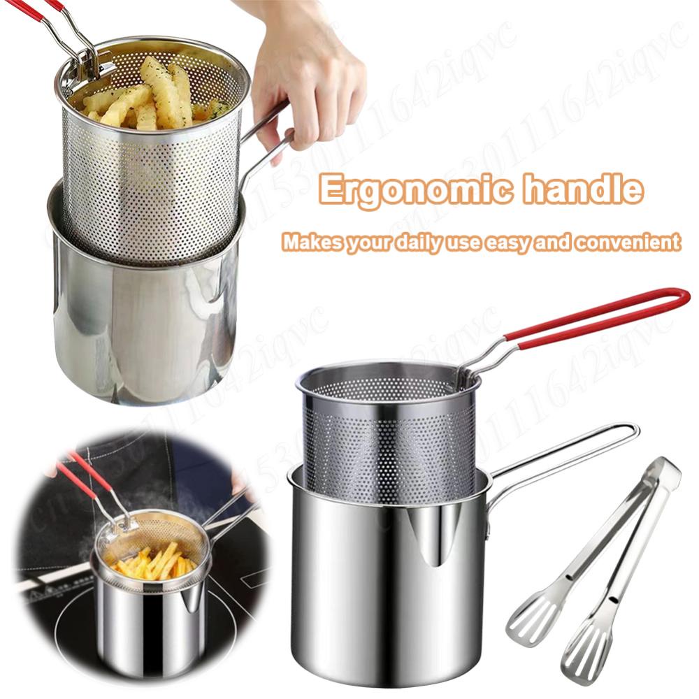 Kitchen Deep Frying Pot with Strainer & Food Tongs Stainless Steel Kitchen Fryer Tempura Small Deep 