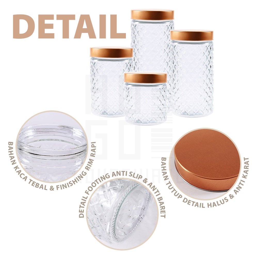 

HUGO Toples Kaca Set 4 Pcs Toples Kue Kedap Udara Tutup Warna Rose Gold Premium Quality