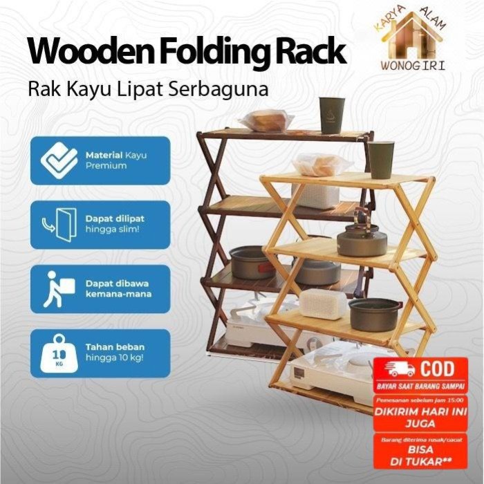 PRODUK TERBATAS Rak lipat luar penyimpanan Camping Picnic ruangan Rak Lipat Meja lipat kayu 3 susun