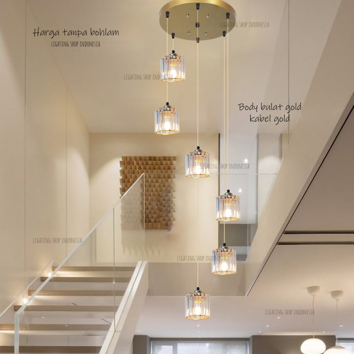 Lampu Gantung Void 6In1 Gold Kaca Kristal Minimalis Modern 6 Lampu