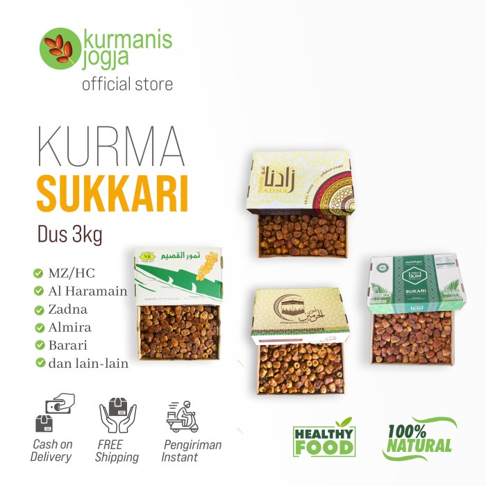 

Kurma Sukkari 1 dus 3kg karton sukari basah premium 100% asli Merk MZ HC Zadna Almira Malaki dan