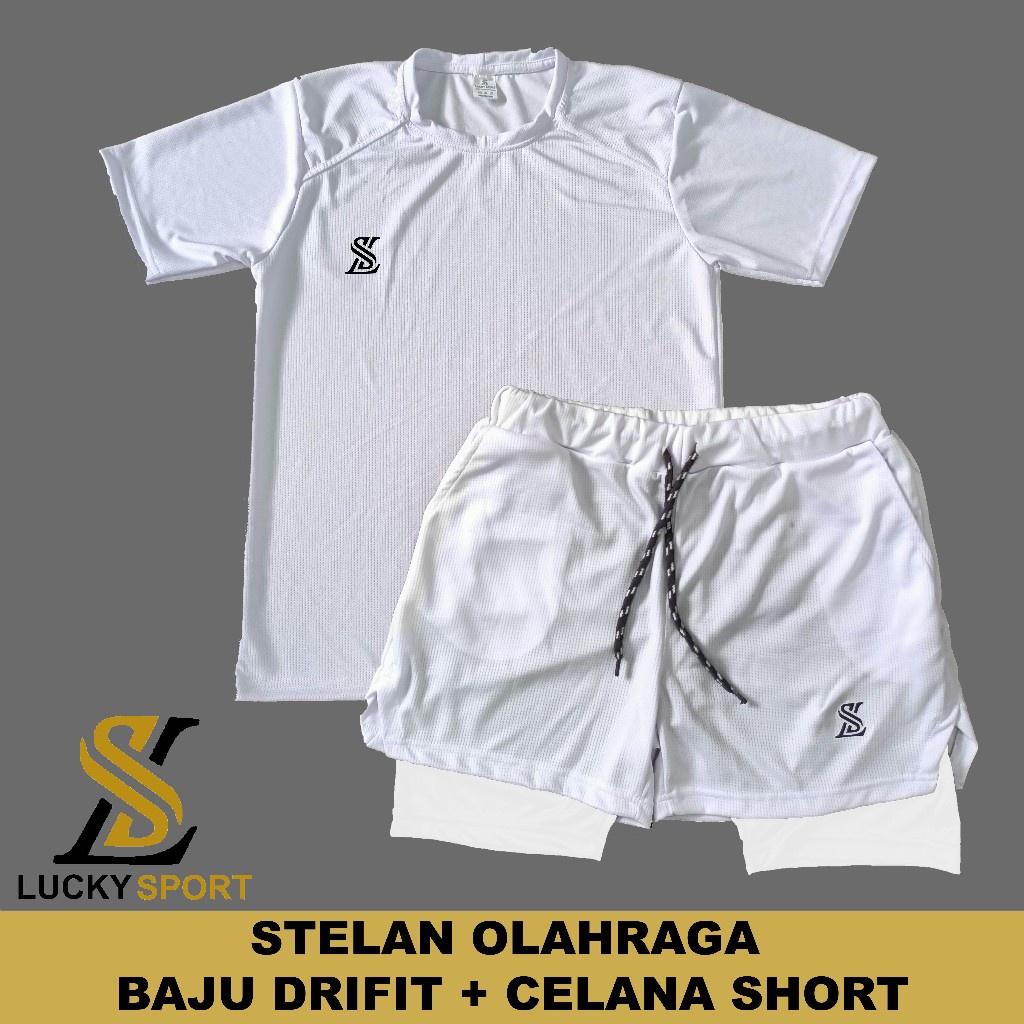 Setelan Olahraga Pria Double Layer 1 Set Baju Kaos Dryfit Celana Pakaian Outdoor Running gym lari