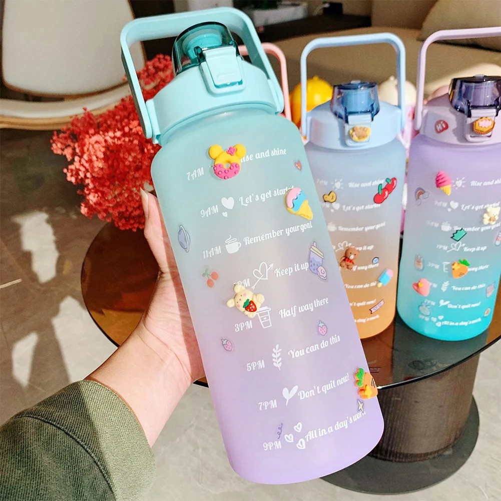 2 Liter Sports Water Bottle With Straw Large Capacity Outdoor Sports Fitness Cup with Time Scale Por