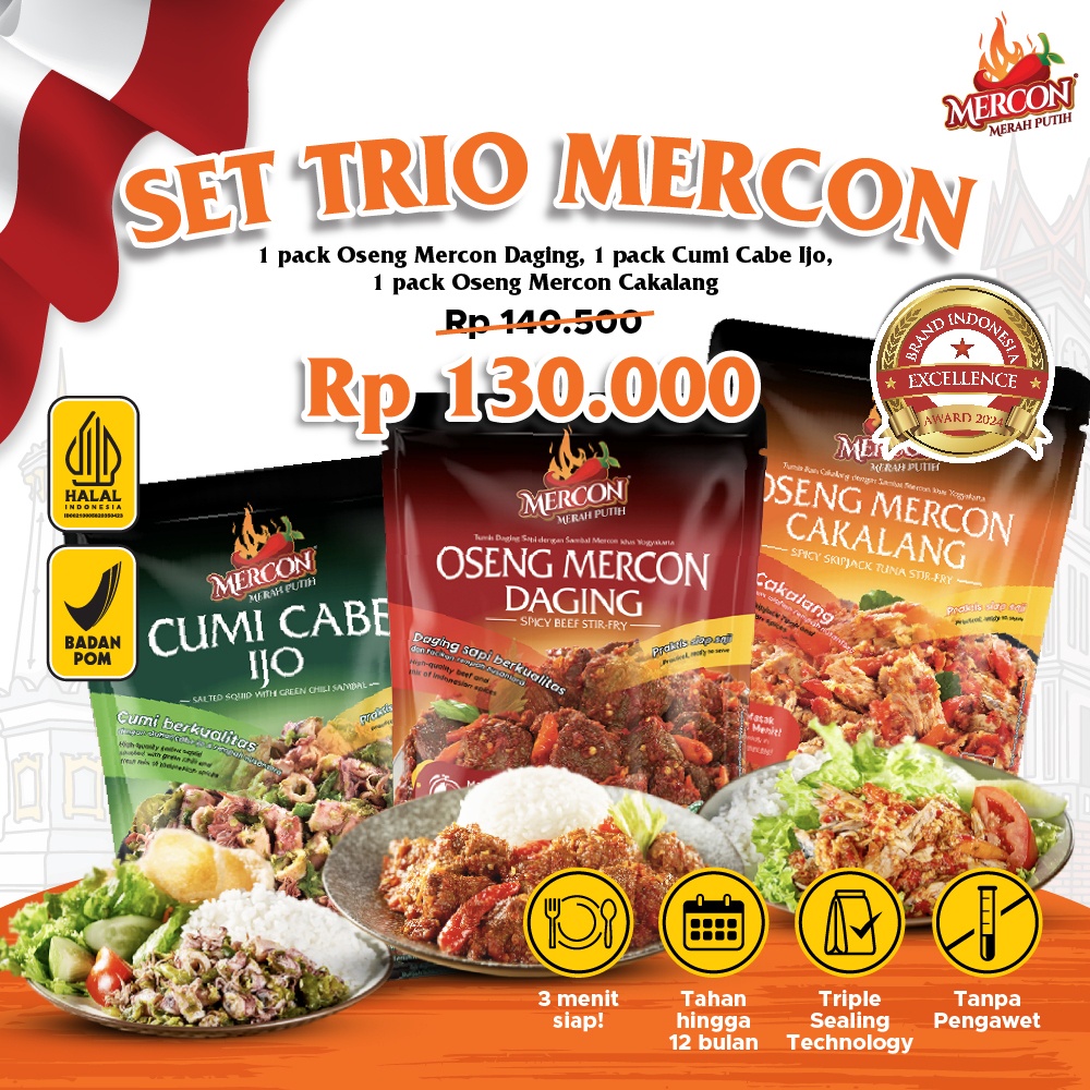 

Set Trio Mercon isi 3 Pack Lauk Pedas Siap Saji (DAGING, CUMI CABE IJO, CAKALANG)