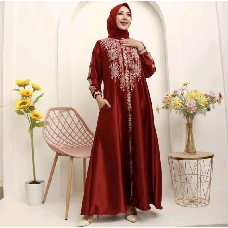 ACCMT- Gamis Satin Crystal Bordir MOTIF PINTU ACEH bisa cod
