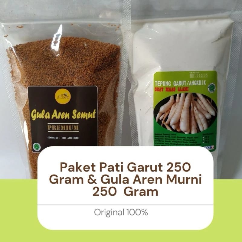 

HJ PAKET ASAM LAMBUNG PREMIUM/TEPUNG PATI GARUT DAN GULA AREN SEMUT MURNI 250/250 GRAM