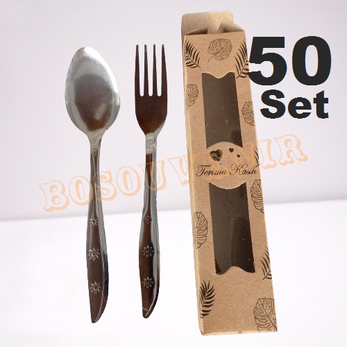 50 Set Sovenir Sendok Garpu Stainless + Box Rustic Souvenir Pernikahan