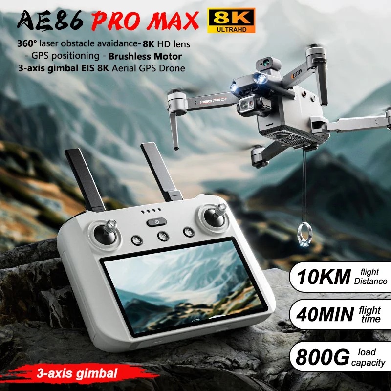 Ae86 Pro Max Professional Drone 10Km 3-Axis Gimbal Rc Quadcopter 8K Fpv Dual Camera Gps Obstacle