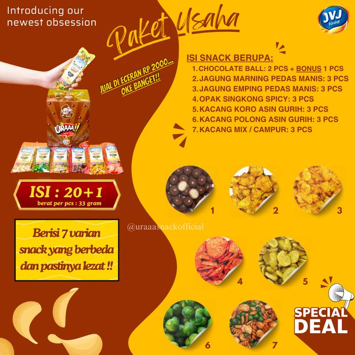

PAKET USAHA [ISI 60+3] BUNDLE GET 3 BOX SNACKPACK URAAA!! MIX ANEKA KACANG, JAGUNG, OPAK, CHOCO BALL