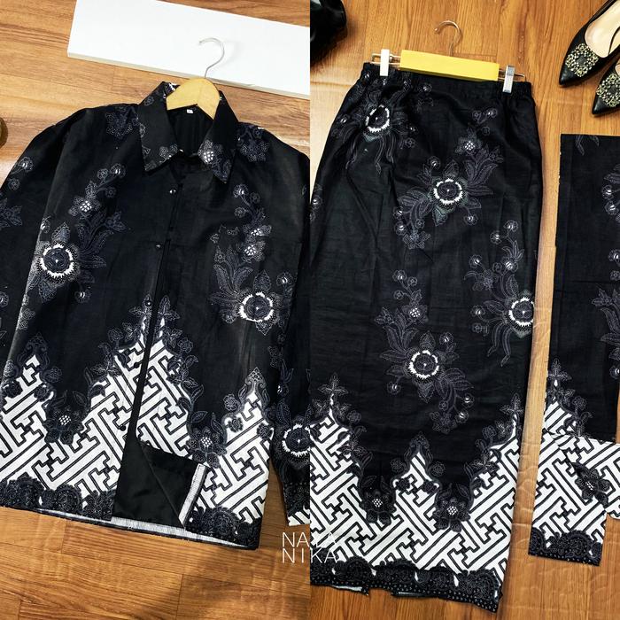 Ready Full Furing Series Nayanika Batik - Batik Cowok Cewek Dasar Hitam Putih Premium Kemeja Full